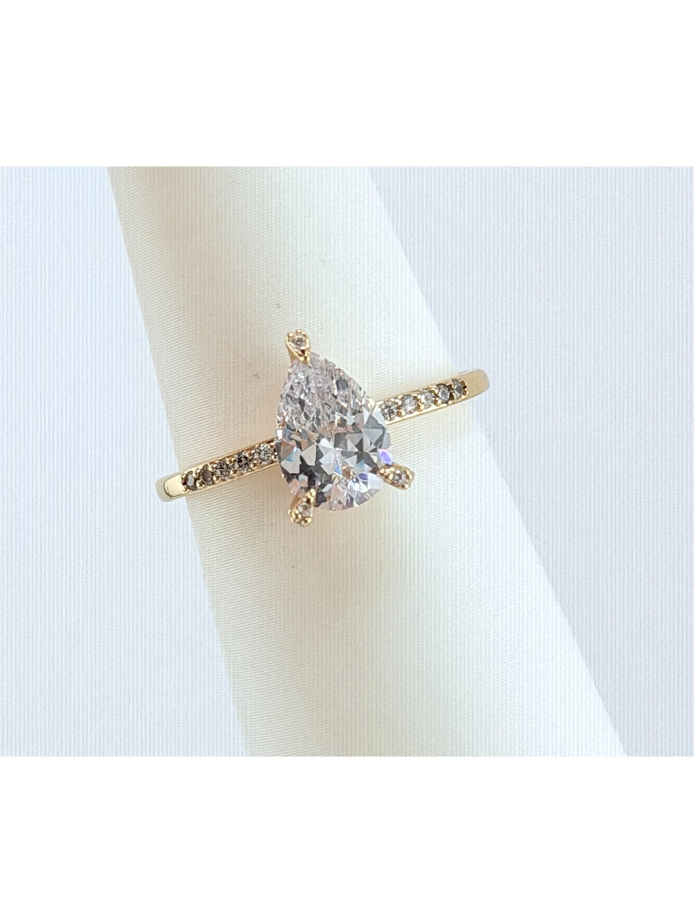 Bomb Party Pear Solitaire Ring Sz 10 "Love's Journey" Clear Cz on Yellow Gold